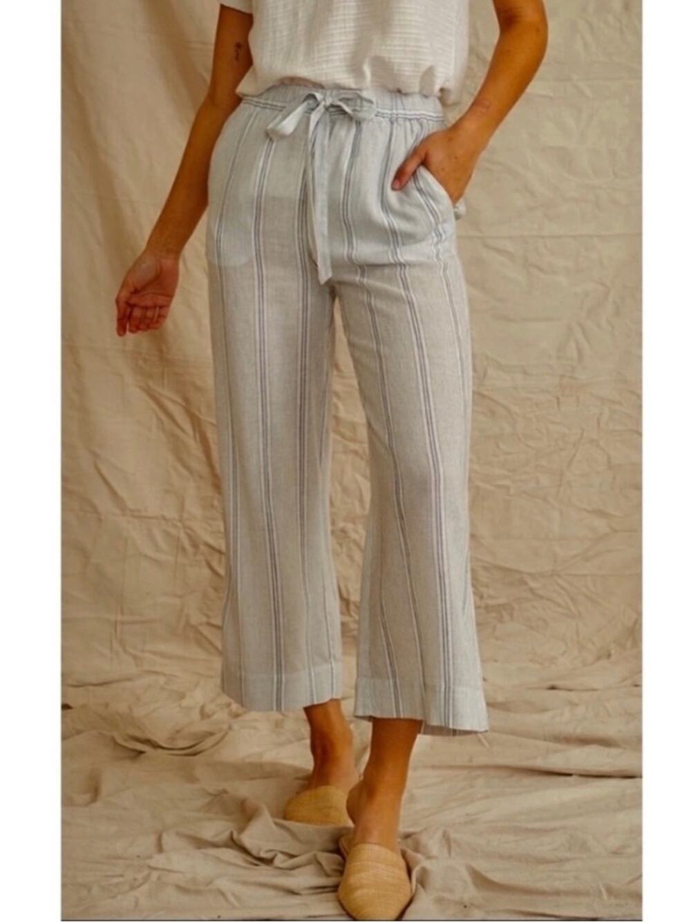 Marine Layer Aly Wide Leg Cropped Pants Linen Blend Blue White Striped Size Smal